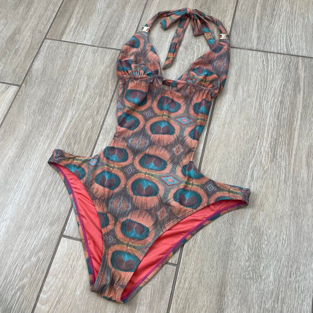 MAR by Vix Peacock Print Cutout Monokini Halter One Piece Swimsuit Large L - Picture 5 of 13